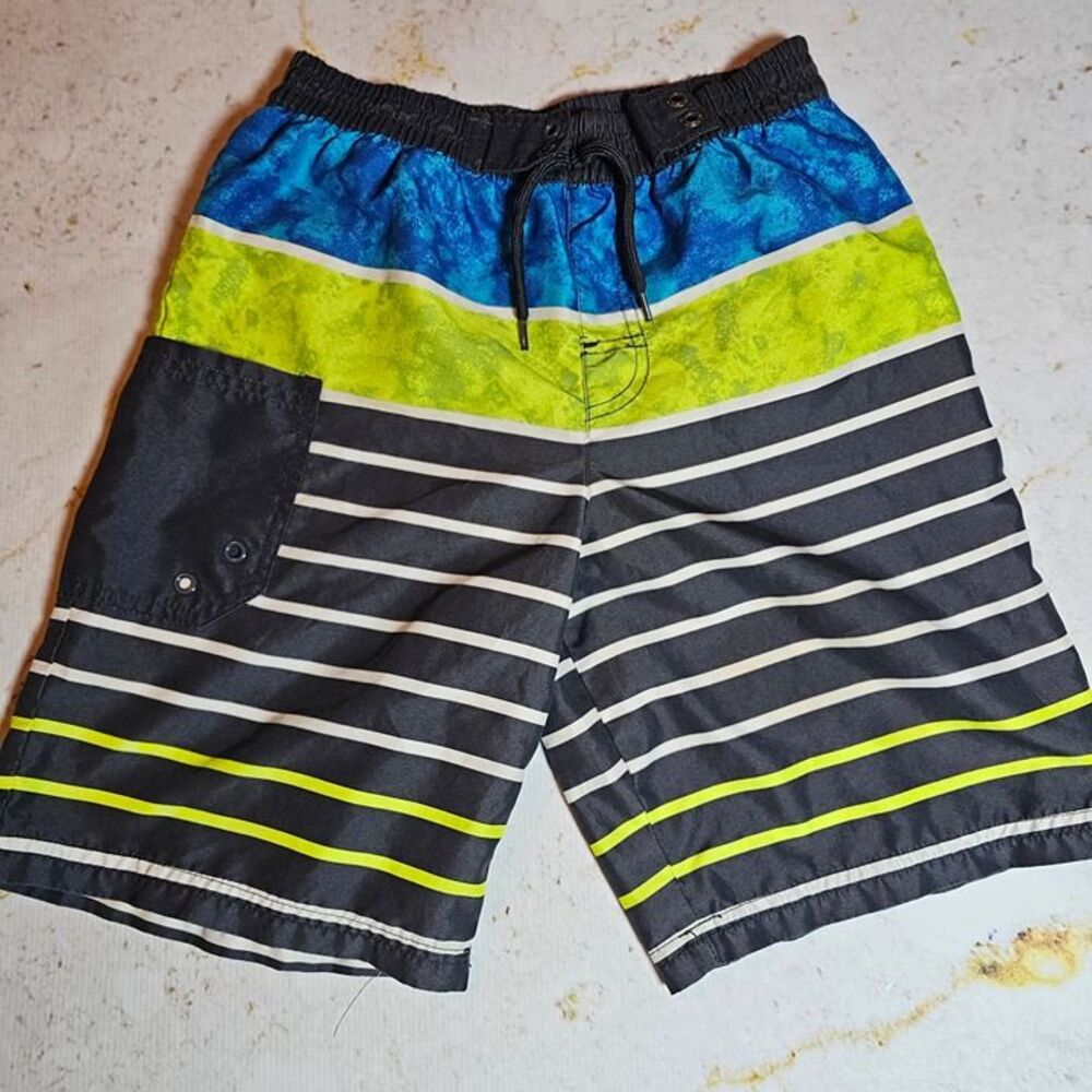 Wonder Nation Boys Swim Trunks Size L (10-12) – Blue/Green Stripe Board Shorts –